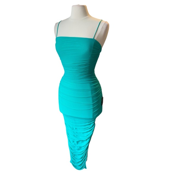 Women’s Lulus Teal Sleeveless Ruched Bodycon Mermaid Midi Dress Size Small NWT - Picture 3 of 14
